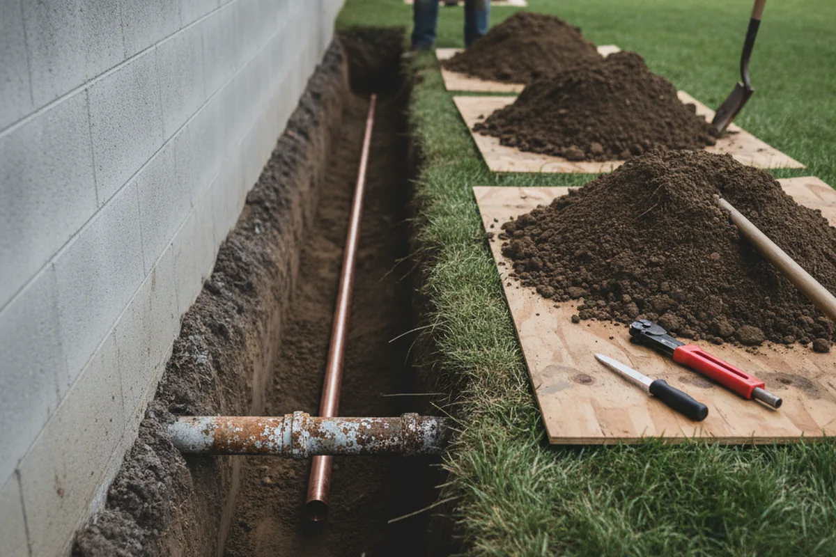 Excavated water line trench during Water Heater Repair in Cary